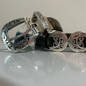 Brighton Stretch Belt  Metallic Croc Embossed Leather & Silver Scroll Hardware